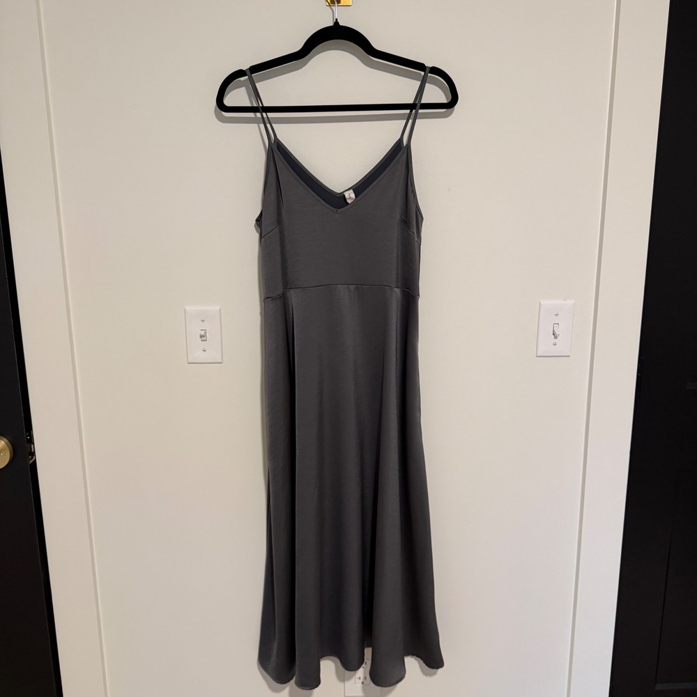 Daily Practice Anthropologie Grey Satin V-Neck Spaghetti Strap Midi Dress Small